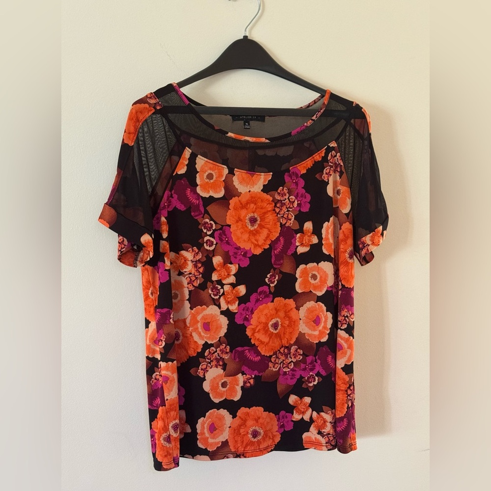 Floral Sheer Sleeve Top - Orange and Pink - XL